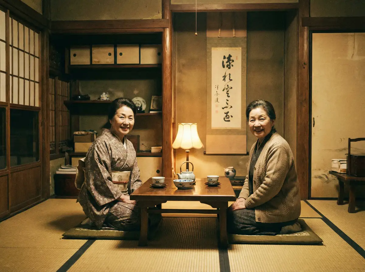 两位优雅的 蛙趣 在日式茶室中品茶交谈